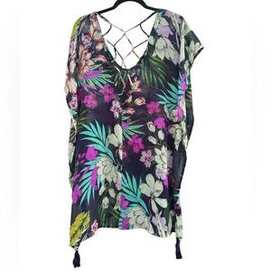 Kona Sol Women's Multi Color Tropical Floral Sheer Swim Cover Up Size Medium